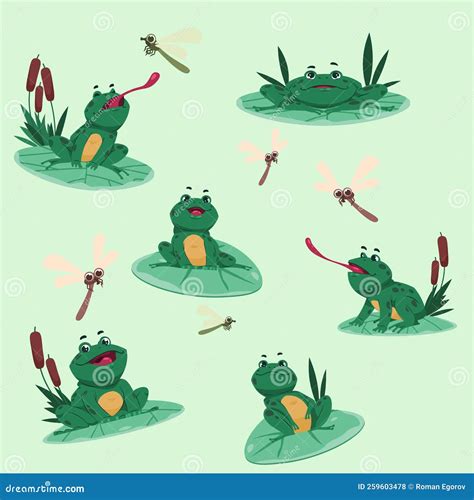 Cartoon Frog Green Toad In Different Poses Sitting On Water Lily
