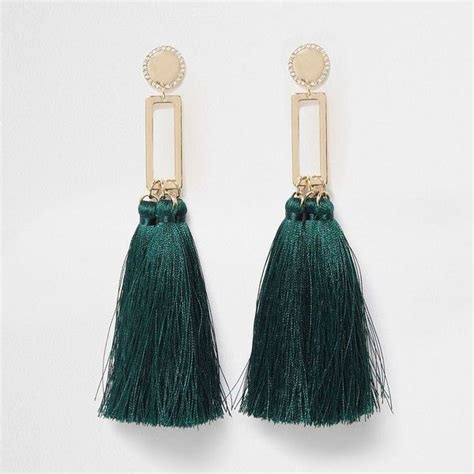 Green Square Tassel Drop Earrings Liked On Polyvore Featuring