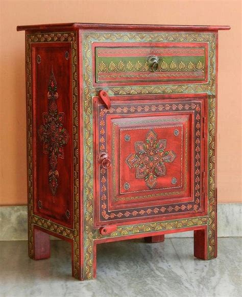 Indian Wooden Hand Painted Bedside Cabinet Nightstand Side Etsy