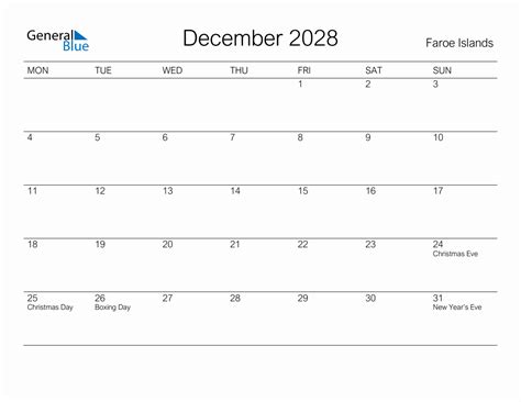 Printable December 2028 Monthly Calendar With Holidays For Faroe Islands