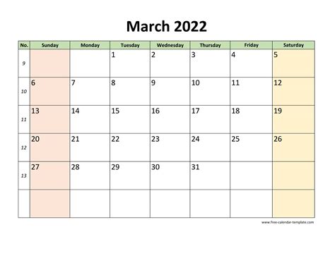 March 2022 Calendar Printable With Coloring On Weekend Horizontal