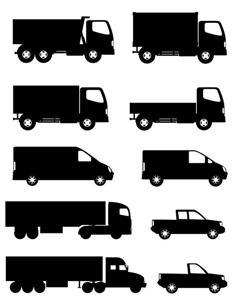 Set Of Icons Cars And Truck For Transportation Cargo Black Silhouette