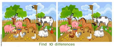 Find Ten Differences Game For Children With Farm Animals Stock Vector