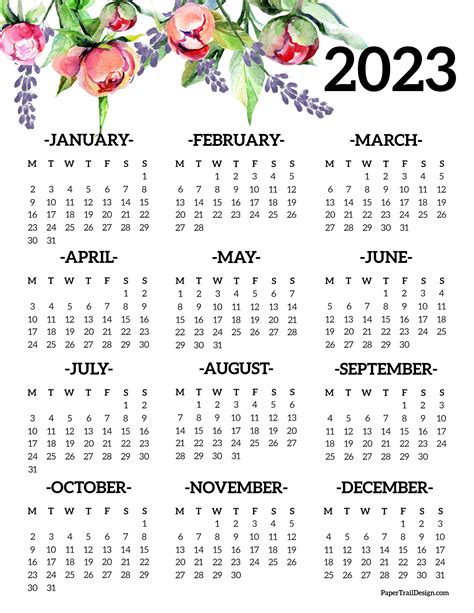 2023 Monday Start Calendar One Page Paper Trail Design