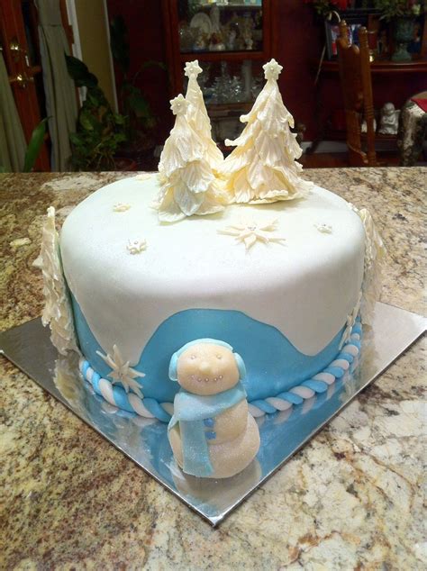 Birthday cakes are often layer cakes with frosting served with small lit candles on top representing the celebrant's age. Winter Themed Cake For Choir Christmas Party Wasc With Almond Filling Covered In Almond Flavored ...