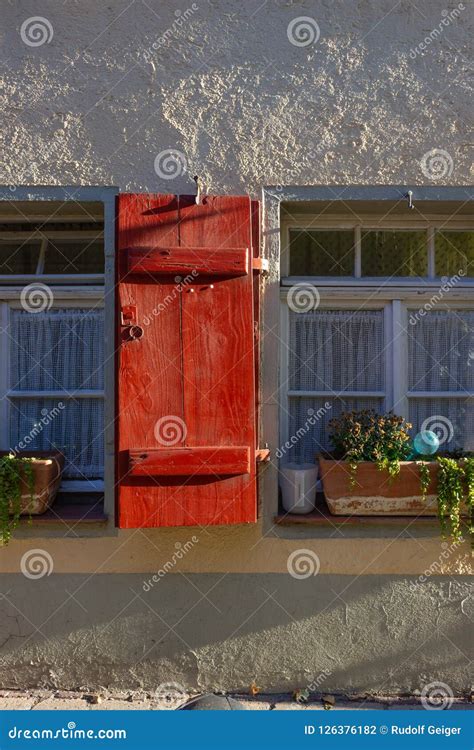Framework Facade With Red Window Shutters Stock Photo Image Of Wooden