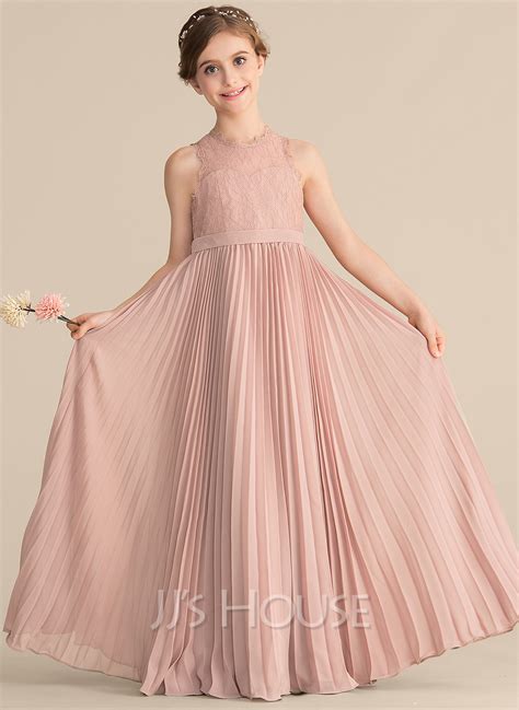 Scoop Neck Floor Length Chiffon Lace Junior Bridesmaid Dress With
