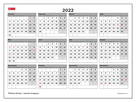 Printable 2022 “singapore” Calendar Michel Zbinden En