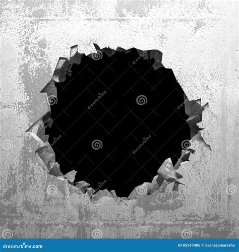 Explosion Hole In Concrete Cracked Wall Industrial Background Stock
