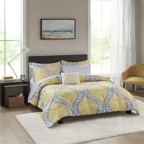 Mainstays Yellow Damask 6 Piece Bed In A Bag Bedding Set Twintwin Xl