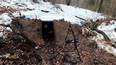 Winter Camping In Underground Bunker Wake Up In Snowstorm Bushcraft
