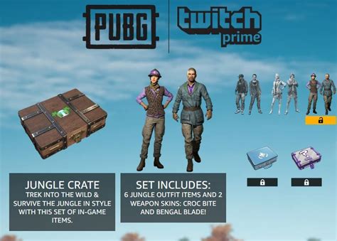 Just follow this little guide and you should in theory get them instantly in your character tab in the game, if not unlink your twitch account wait a while and relink it. 'PUBG' Jungle Crate Twitch Prime Loot Live - Items & How ...