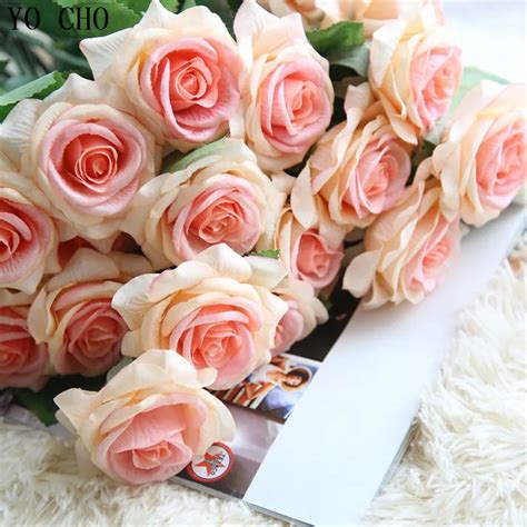 yo cho real touch silk artificial rose flowers silk gluing pu fake flower home decoration