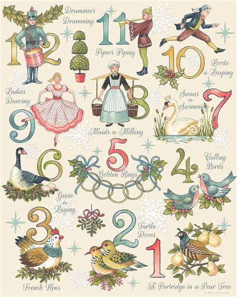 Twelve Days Of Christmas Print 12 Days Partridge Turtle Doves Retro