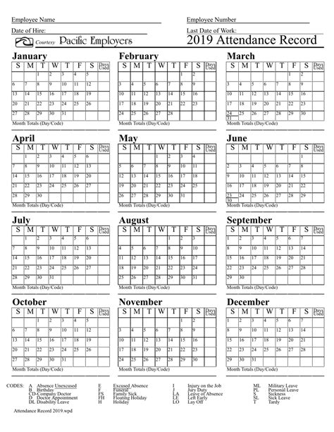 2019 Attendance Record Calendar Template Pacific Employers Download