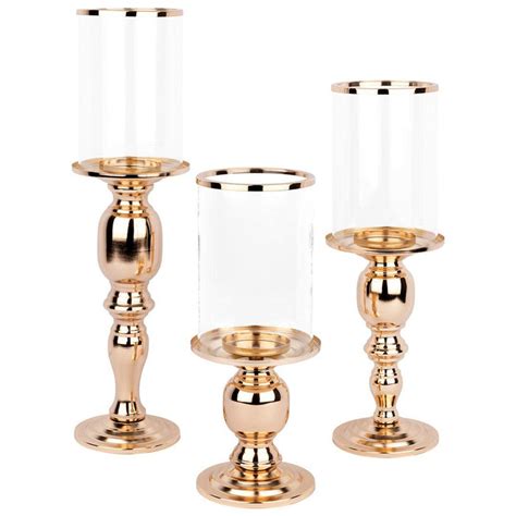 Pillar Candle Holders With Hurricane Glass Set