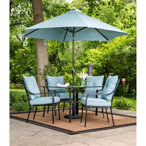 Hanover Lavallette 5 Piece Outdoor Dining Set And Table Umbrella With