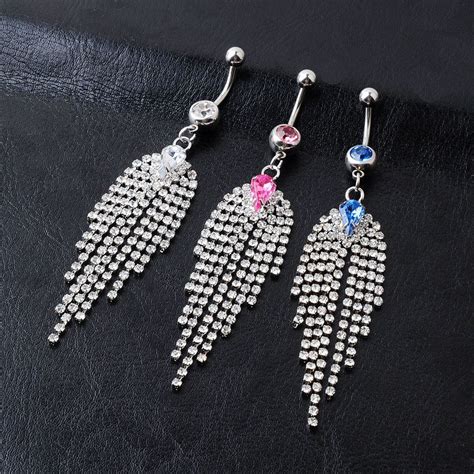 Trendy Long Tassel Belly Button Ring With Rhinestone Round Pendant Surgical Steel Navel Piercing