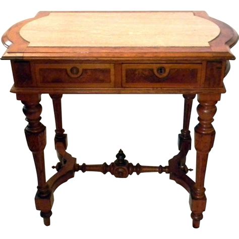 Walnut Burl wood Renaissance Revival Library Table Partners Desk Marble Top | Burled wood ...