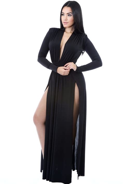 Black Super Classy Long Sleeves Double Slit Long Maxi Dress 2017 Deep V Neck Ladies Floor Length
