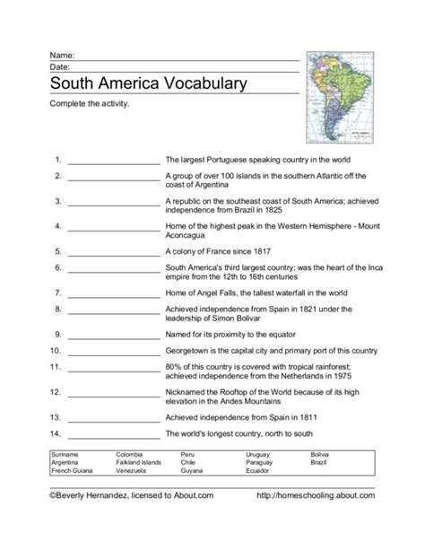 South America Vocabulary Worksheet For 4th 5th Grade Lesson Planet