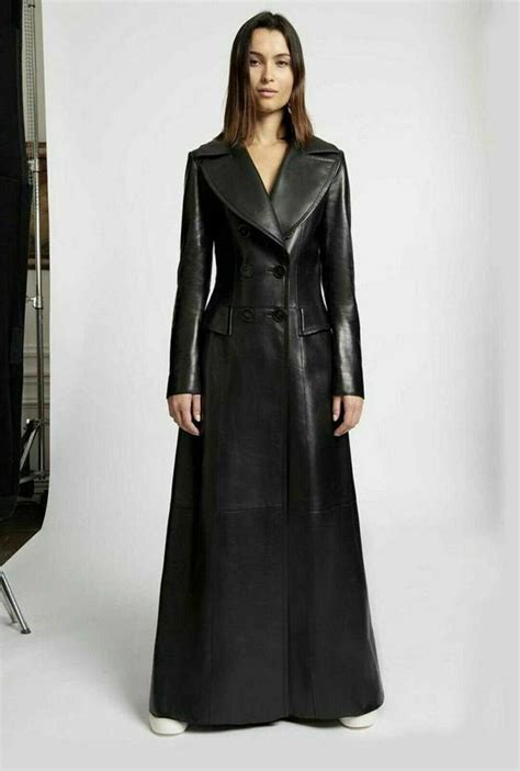 Womens Pure Black Leather Trench Coat Real Cowhide Stylish Lady Long