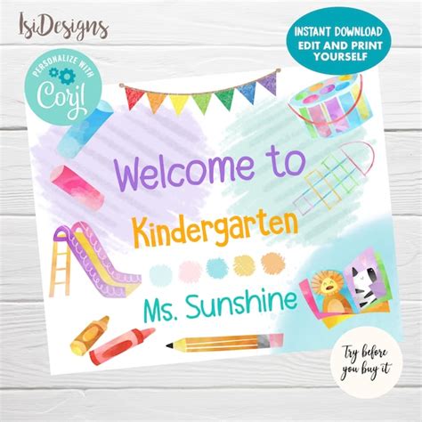 Welcome To Kindergarten Sign Editable Classroom Door Sign Instant