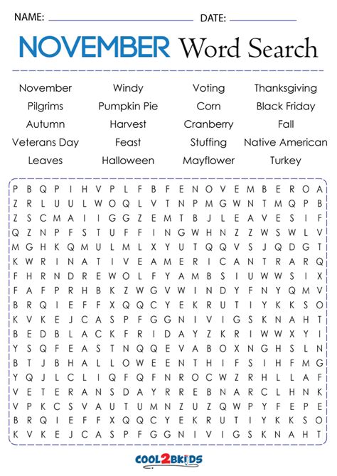 November Word Search Puzzle Printable