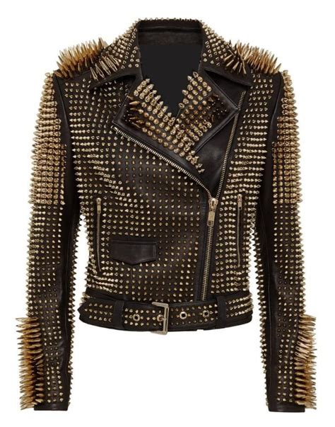 Golden Studded Leather Jacket Women Gold Spiked Leather Jacket Women