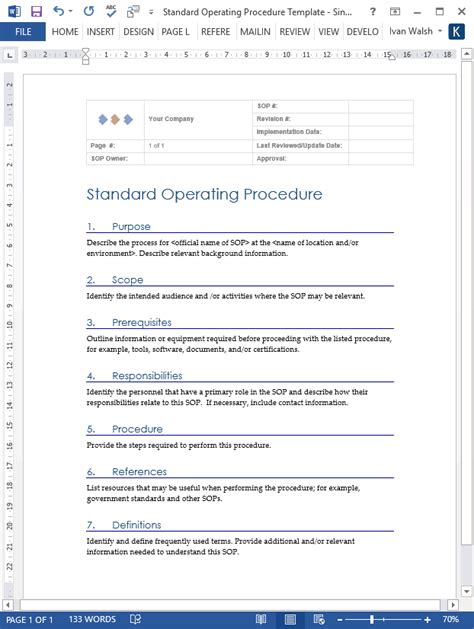 Standard Operating Procedure Templates Ms Wordexcel Standard
