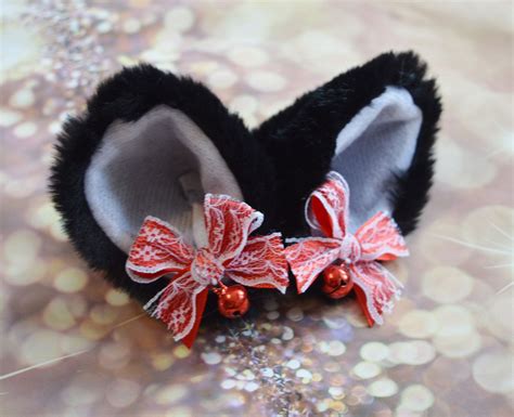 Premade Kitten Play Clip On Cat Ears With Ribbon Bows And Bell Neko