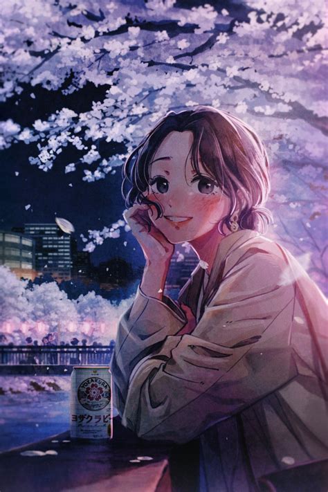 Anime Girls Looking At Viewer Anime Smiling Can Cherry Blossom Women Outdoors Urban Wallpaper