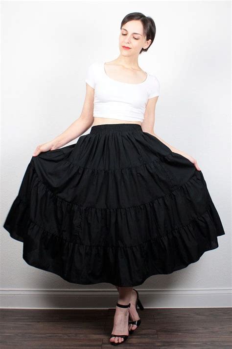 Vintage 70s Skirt Black Skirt Tiered Midi Skirt 1970s Skirt Boho