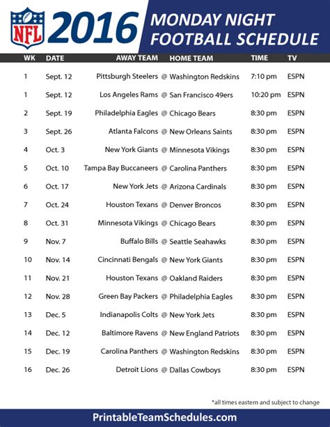 Nfl Monday Night Football Schedule 2016 Print Here