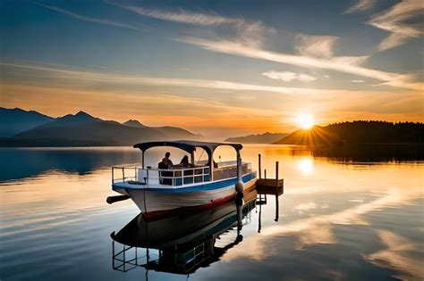 Un Barco Con Una Pareja Navega En Un Lago Foto Premium