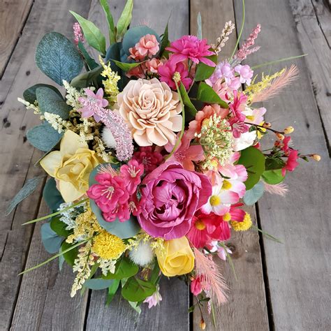 READY TO SHIP Spring Inspired Wild Flower Bouquet with Wood and Silk ...