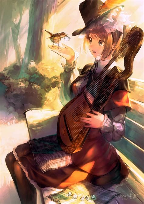Wallpaper Anime Girl Bird Bench Instrument Music Hat