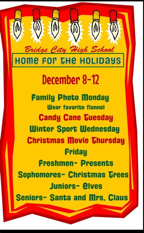 Or use these dress up day ideas for theme days at work. Winter Spirit Week "Home for the Holidays" | Holiday spirit week, Spirit week, Sc christmas