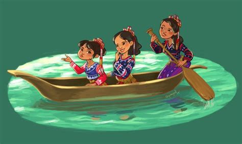 Three Women In A Boat With Paddles On The Water One Holding Her Hand Out