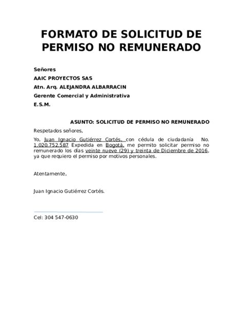 Modelo Carta Licencia No Remunerada Colombia Assistente Administrativo