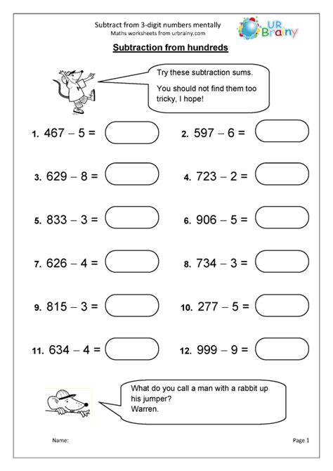 Subtract From 3 Digit Numbers Mentally Subtraction Maths Worksheets
