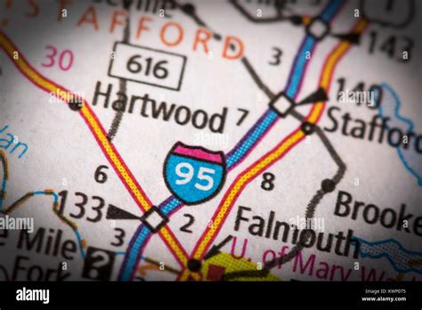 Closeup Of Interstate 95 In Virginia On A Road Map Of The United States
