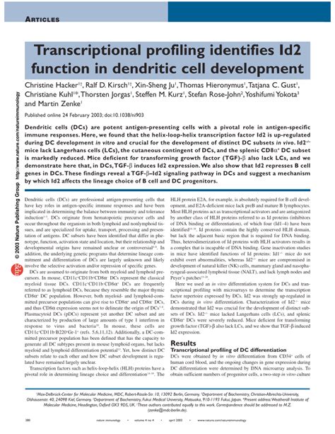 Pdf Transcriptional Profiling Identifies Id Function In Dendritic Cell Development