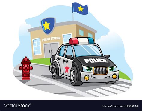 Cartoon Police Car In Front Police Office Vector Image