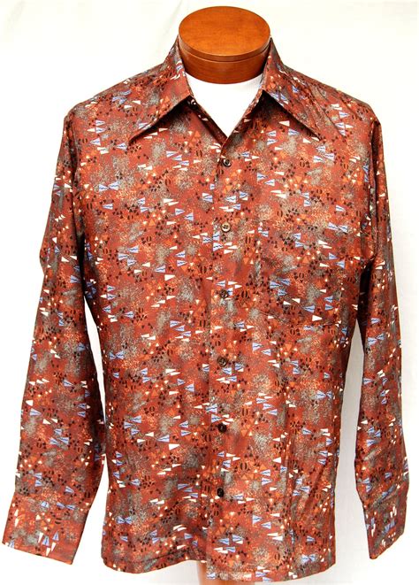 Vintage 70s Mens Disco Shirt Abstract Brown Graphic Polyester Etsy