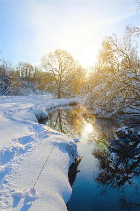 Sunny Winter Scene With River Stream And Sun Shining Through Snow