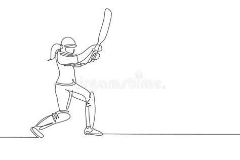 One Single Line Drawing Of Young Energetic Woman Cricket Player
