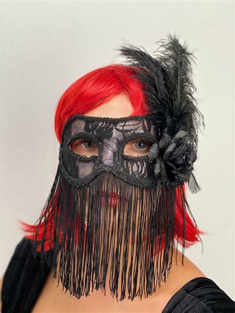 Ballroom Mask With Feathers And Fringes Fringed Venetian Lace Etsy