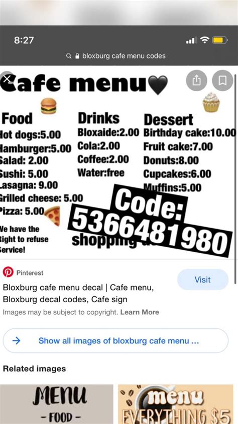Hshshshs Bloxburg Decal Codes Food Drinks Dessert Cafe Sign