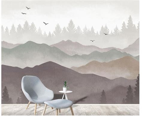 Ombre Mountains Mural Wallpaper Geometry Mountain With Trees Etsy